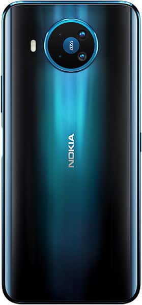 Nokia 8.3 5G rear view, showing blue gradient back with circular camera module and Nokia branding