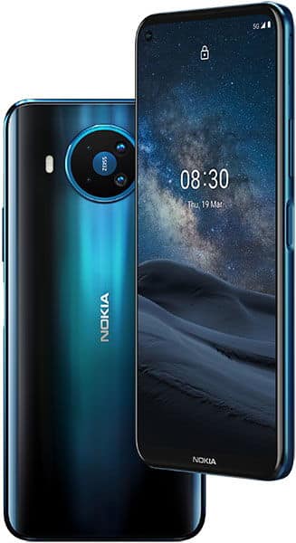 Nokia 8.3 5G smartphone shown from front and rear angles, displaying lock screen with starry night sky on blue-tinted display and circular camera module on back