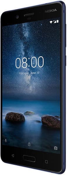 Nokia 8 front view with dark blue display showing time 08:00, starry night sky, and rocky shoreline wallpaper