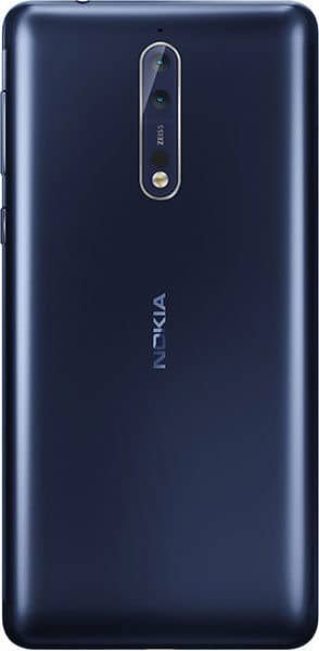 Nokia 8 rear view, dark blue phone with vertical camera module and Nokia branding on back