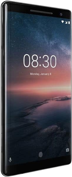 Front view of Nokia 8 Sirocco with curved edge display, showing time 08:30, date January 8, and standard interface icons.