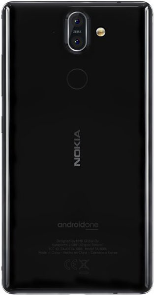 Rear view of black Nokia 8 Sirocco showing single Zeiss camera, LED flash, fingerprint sensor, Nokia and Android One logos.