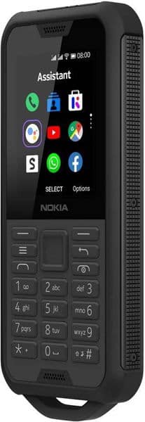 Nokia 800 Tough front view with screen displaying app icons, physical keypad, and rugged black design