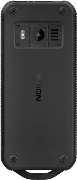 Nokia 800 Tough rear view, showing dual cameras, speaker grille, and rugged black casing with corner reinforcements
