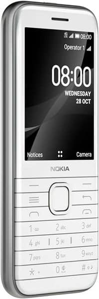 Nokia 8000 4G front view, white phone with display showing time 08:00, physical keypad, and navigation buttons