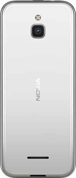 Nokia 8000 4G rear view showing white back panel, camera, and speaker grille