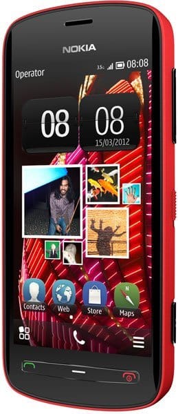 Front view of red Nokia 808 PureView showing home screen with app icons, time 08:08, and date 15/03/2012.