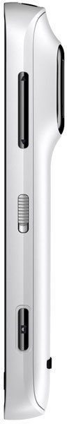 Side view of Nokia 808 PureView in white with buttons, a switch, and a protruding rear camera module visible.