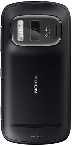 Rear view of black Nokia 808 PureView showing large Carl Zeiss 41MP camera, center Nokia logo, and minimal external buttons.
