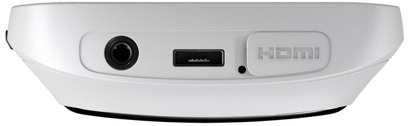 Rear view of a white device like Nokia 808 PureView, showing audio jack, USB port, reset hole, and HDMI port with flap.