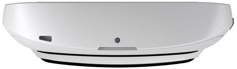 Front close-up of a white robotic vacuum cleaner showing curved design and sensor layout, in Nokia 808 PureView-level detail.