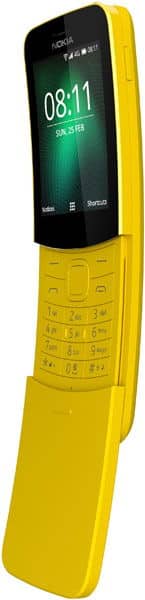 Nokia 8110 4G in yellow, front view, showing display screen with time 08:11 and numeric keypad below