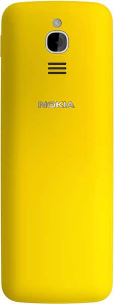 Nokia 8110 4G rear view, yellow body with camera, speaker grille, and Nokia branding