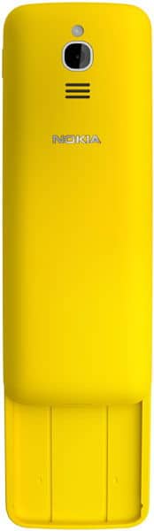 Nokia 8110 4G rear view, yellow banana phone with camera and speaker grille