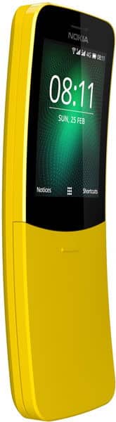 Nokia 8110 4G in yellow, shown from the side with screen displaying time and date