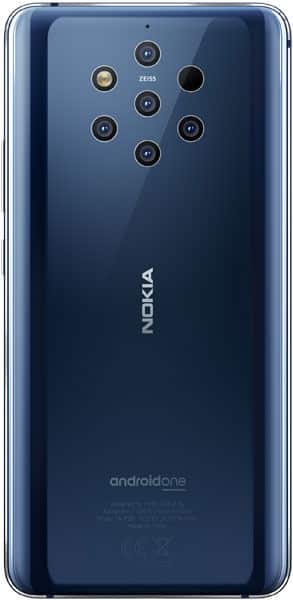 Nokia 9 PureView rear view, showing five camera lenses arranged in a circular pattern on blue glass back