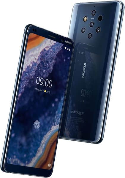 Nokia 9 PureView front and rear views, showing blue display with time and multi-camera array on back