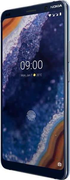 Nokia 9 PureView front view, blue smartphone displaying time 09:00 and lock screen with abstract blue and orange wallpaper