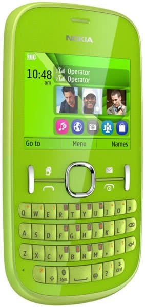 Nokia Asha 200 front view, bright green phone with QWERTY keyboard, display showing time and contact photos