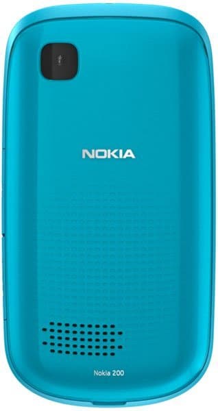 Nokia Asha 200 rear view, bright turquoise with camera and speaker grille visible