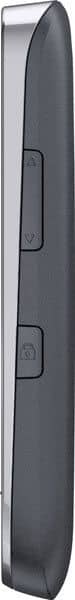 Nokia Asha 203 side view, showing dark gray casing with volume and power buttons along its narrow edge