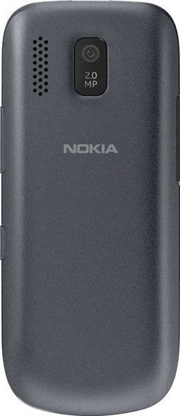 Nokia Asha 203 rear view, showing gray plastic body with speaker grille, camera lens marked "2.0 MP," and Nokia branding
