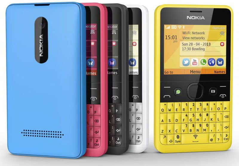 Nokia Asha 210 phones in blue, pink, black, white, and yellow, shown from rear and front angles displaying QWERTY keyboard and home screen