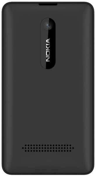 Nokia Asha 210 rear view, black phone with camera and speaker grille visible