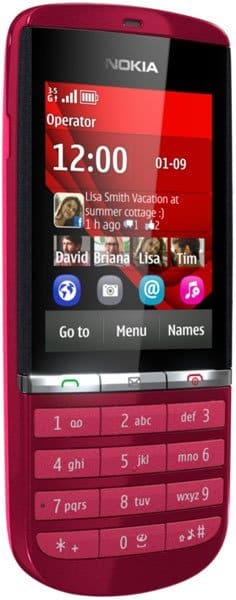 Nokia Asha 300 phone, front view, with red case, touchscreen displaying home screen, and physical keypad below