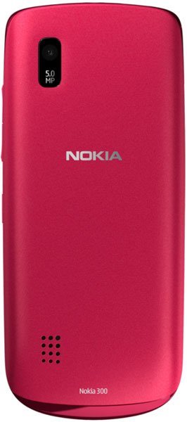 Nokia Asha 300 rear view in hot pink, showing 5.0 MP camera and speaker grille