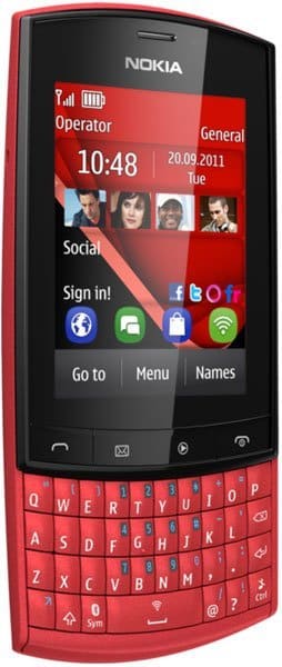 Nokia Asha 303 front view, red and black phone with touchscreen displaying home screen and QWERTY keyboard below