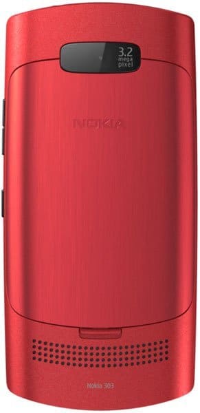 Nokia Asha 303 rear view, red phone with 3.2-megapixel camera and speaker grille at bottom