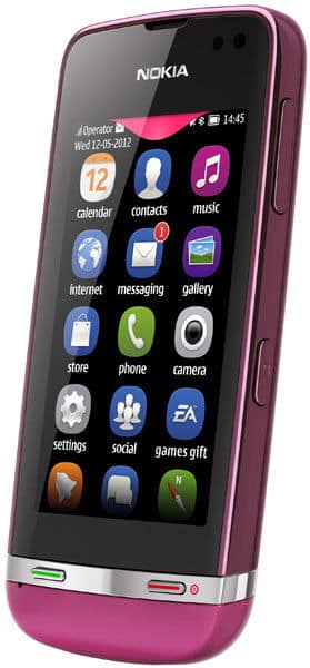 Nokia Asha 311 front view, pink phone with touchscreen displaying home screen icons including calendar, contacts, music, and camera apps