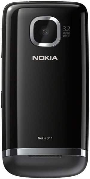 Nokia Asha 311 rear view, black phone with 3.2-megapixel camera and silver accents