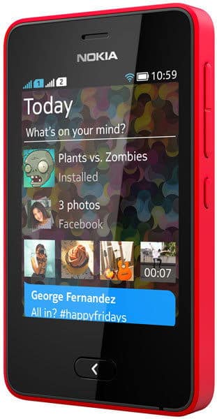 Nokia Asha 501 front view, red phone with black screen displaying home screen widgets including today's agenda, app icons, and social media notifications