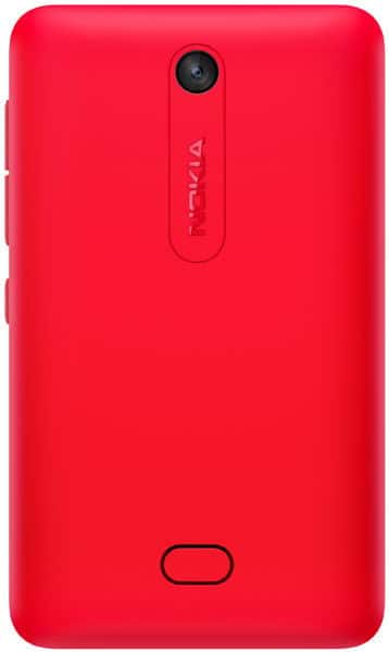 Nokia Asha 501 rear view, bright red with camera and speaker visible, compact phone design