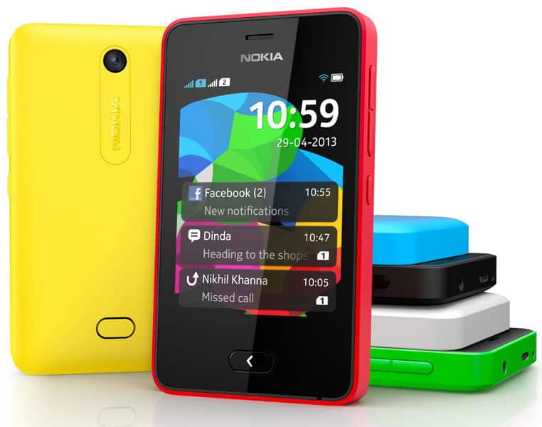 Nokia Asha 501 phones in yellow, red, blue, white, and green, displayed front and rear views showing screen with notifications