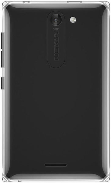 Rear view of black Nokia Asha 502 in a clear case, featuring 5MP camera, LED flash on the right, and Nokia branding below.