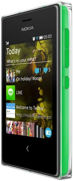 Front view of a green Nokia Asha 503 showing LINE and Twitter apps, with right-side volume and power buttons visible.