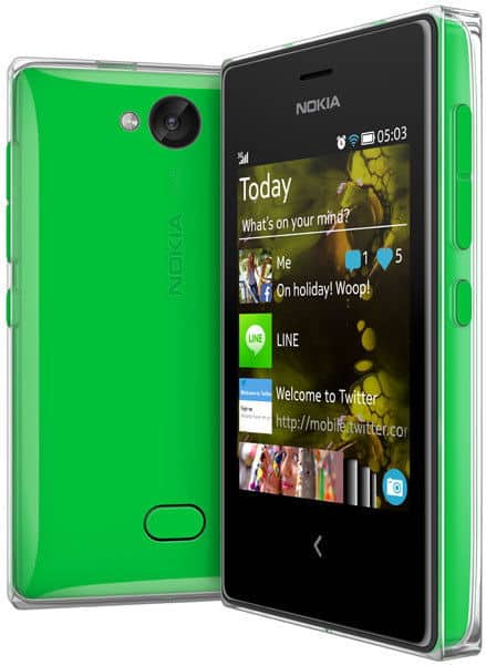 Nokia Asha 503 in green shown front and back; front displays notifications and 05:03, rear shows camera and Nokia logo.