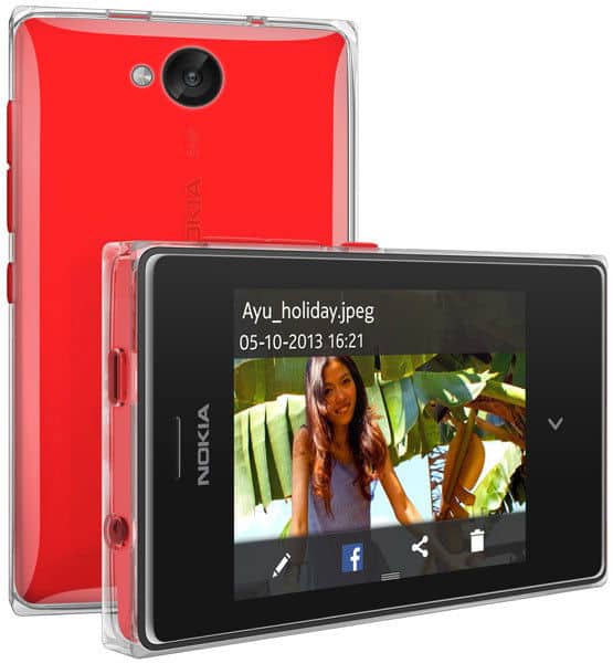 Red Nokia Asha 503 shown front and rear; front display features a photo, file name "Ayu_holiday.jpeg," and sharing options.