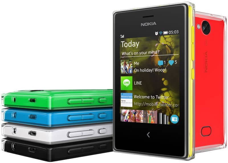 Front view: five stacked Nokia Asha 503 phones in green, blue, white, black, and red; top phone displays time (05:03).