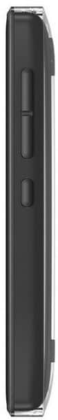 Side view of black Nokia Asha 503, clear case, with two elongated buttons and one round button visible on the edge.