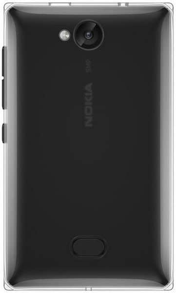 Rear view of black Nokia Asha 503 with camera, LED flash, Nokia branding, bottom speaker grille, and rounded edges.