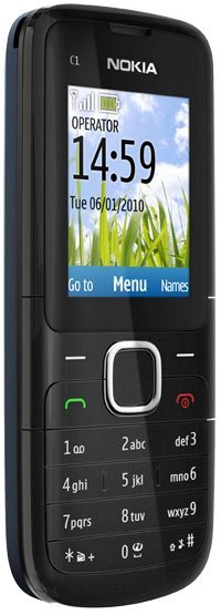Nokia C1-01 front view, black candybar phone with small screen displaying time and date, numeric keypad below