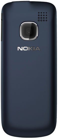 Nokia C1-01 rear view showing dark blue back panel with camera lens and speaker grilles