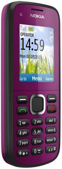 Nokia C1-02 front view, purple phone with numeric keypad and color screen showing time and date