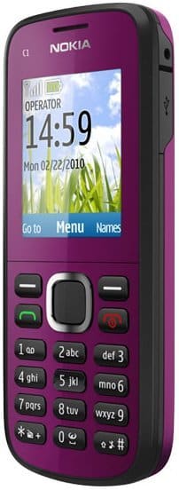 Nokia C1-02 front view, purple and black phone with numeric keypad and color screen displaying time and date