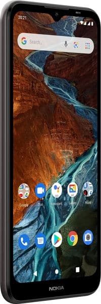 Nokia C10 front view displaying home screen with Google search bar, app icons, and red canyon landscape wallpaper