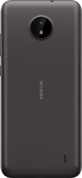 Nokia C10 rear view, charcoal gray with circular camera lens and textured back panel